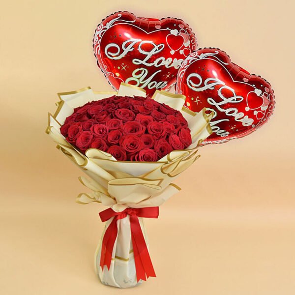 50 Love Roses Bouquet And Balloons
