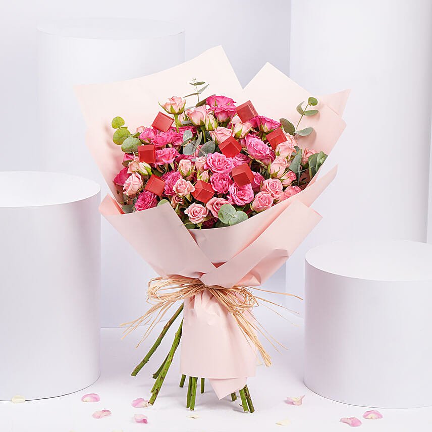 Blushing Pink Spray Rose With Chocolates