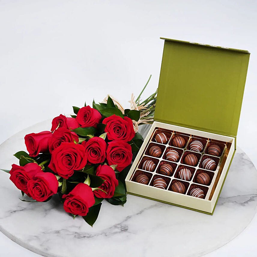 Chocolates and Hand Tied Red Rose Bouquet