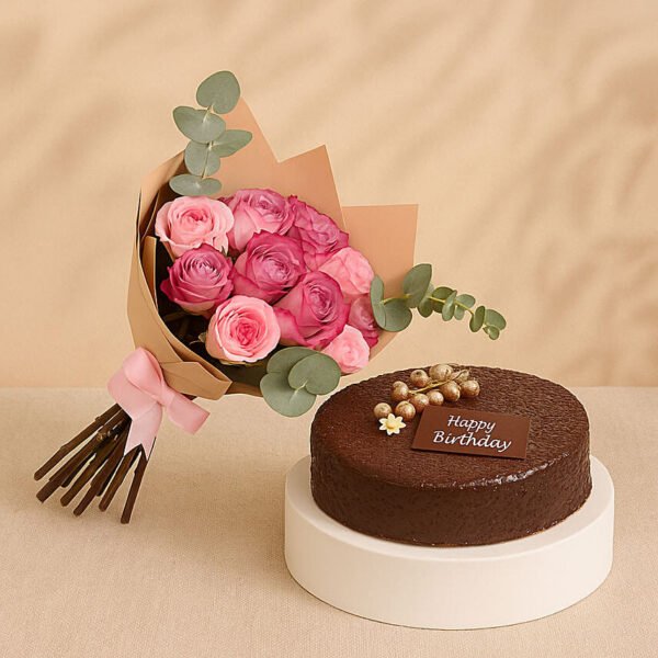 Roses Bouquet with Dark Chocolate Birthday Cake