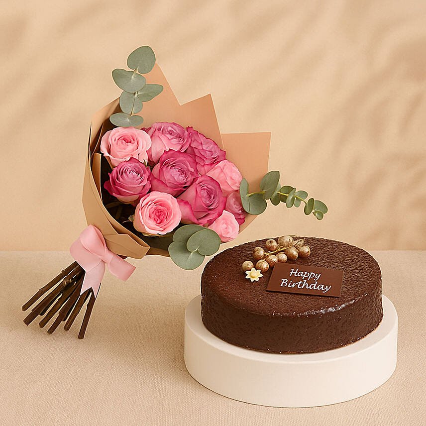 Roses Bouquet with Dark Chocolate Birthday Cake