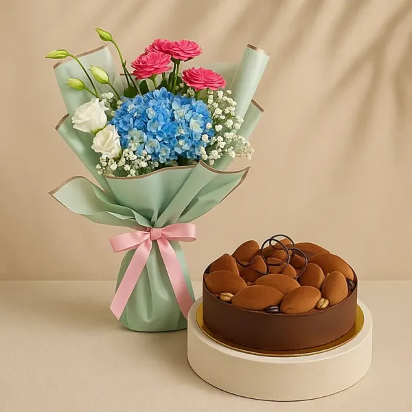 Roses N Hydrangea Bouquet With Tiramisu Cake