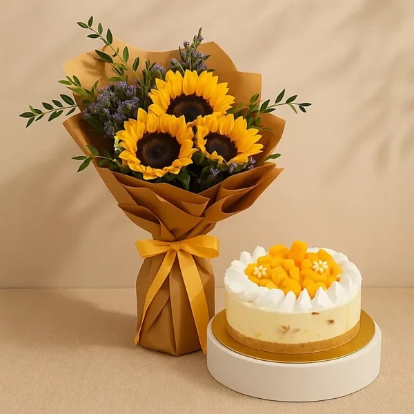 Sunflower Bouquet With Mango Cheese Cake